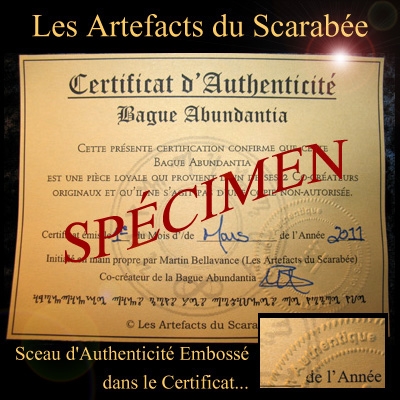 Certificat d'authenticité de la Bague Abundantia - l'Anneau de l'Abondance